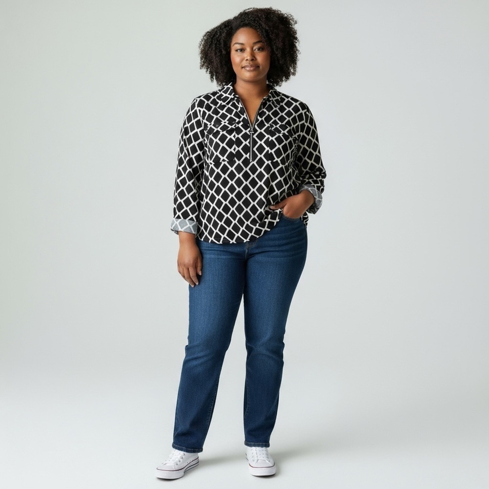 Nygard Black and White Diamond Patterned Top, LS with Tabs, Zipper Front, XL